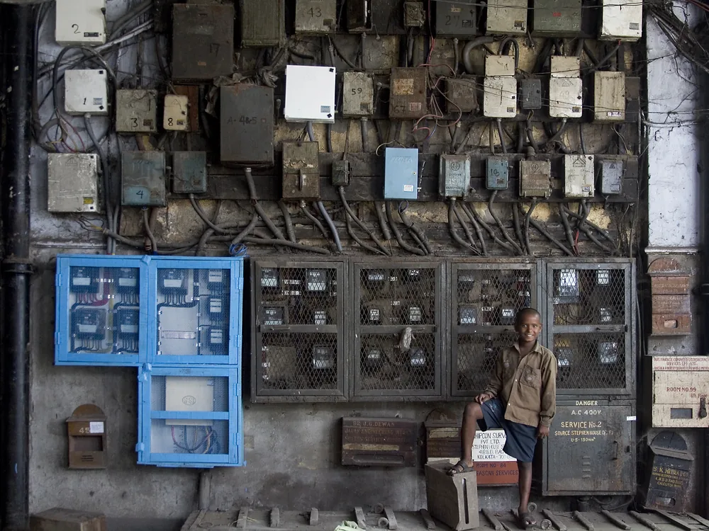 A bank of residential electricity meters — the billing side of net metering